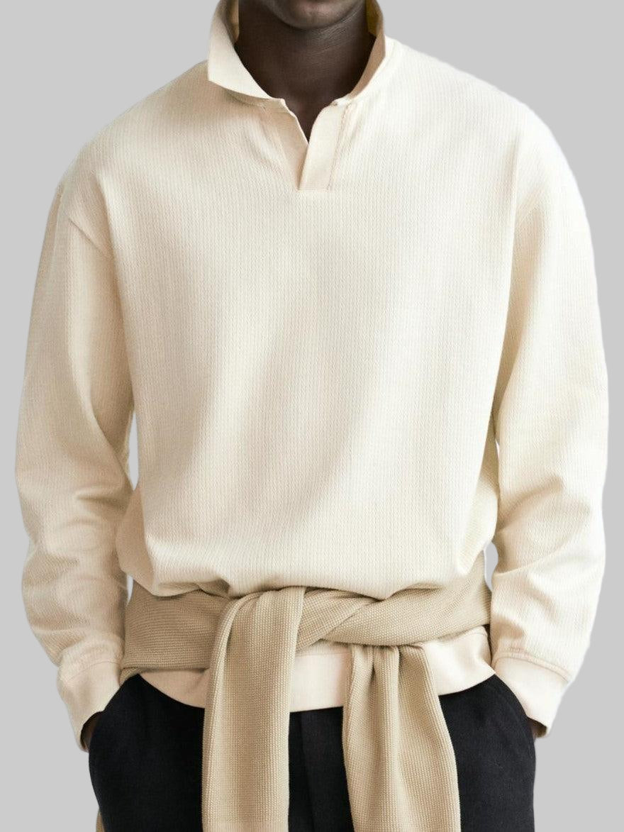 Men's Long Sleeve Polo Shirt with V-Neck Collar