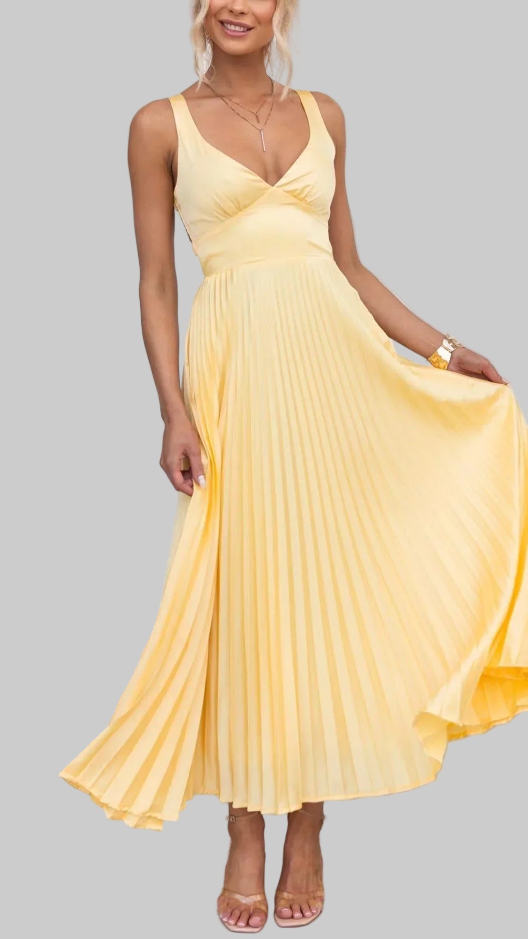 Women's Sleeveless Pleated Maxi Dress with V-Neckline