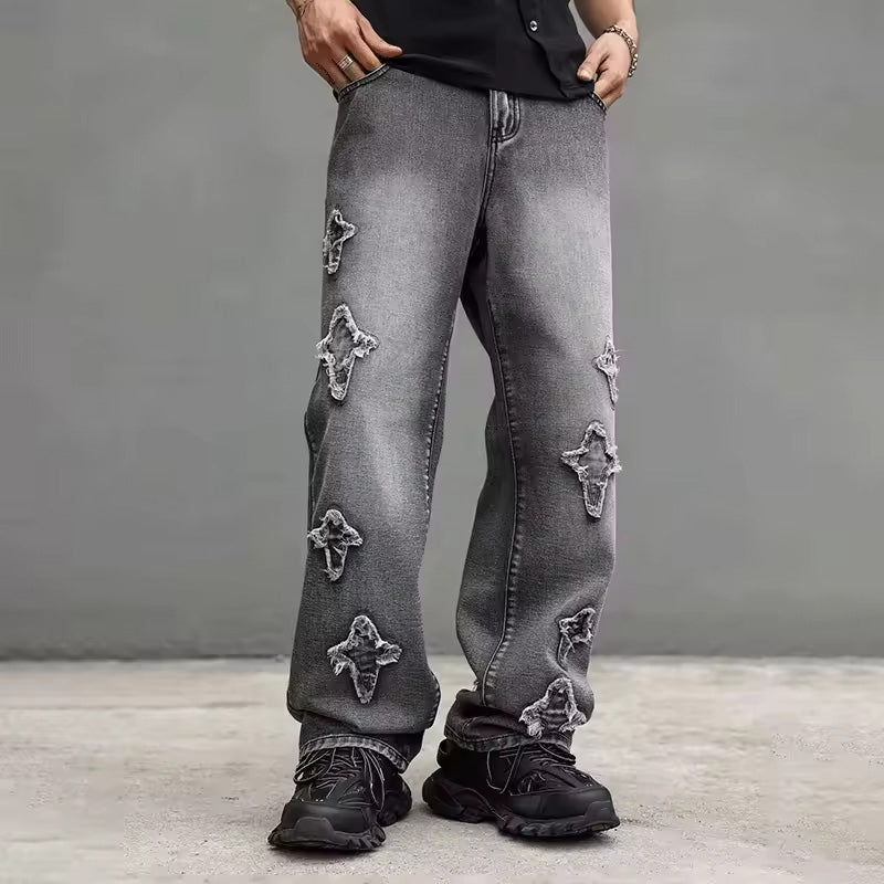Men's Oversized Distressed Jeans with Star Patches