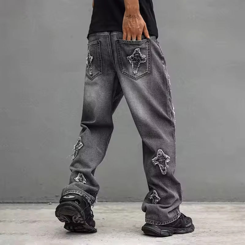 Men's Oversized Distressed Jeans with Star Patches
