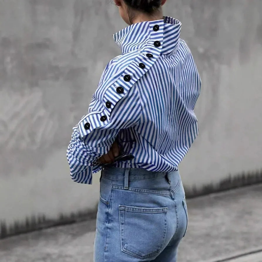 Women's Long-Sleeve Striped Button-Detail Shirt