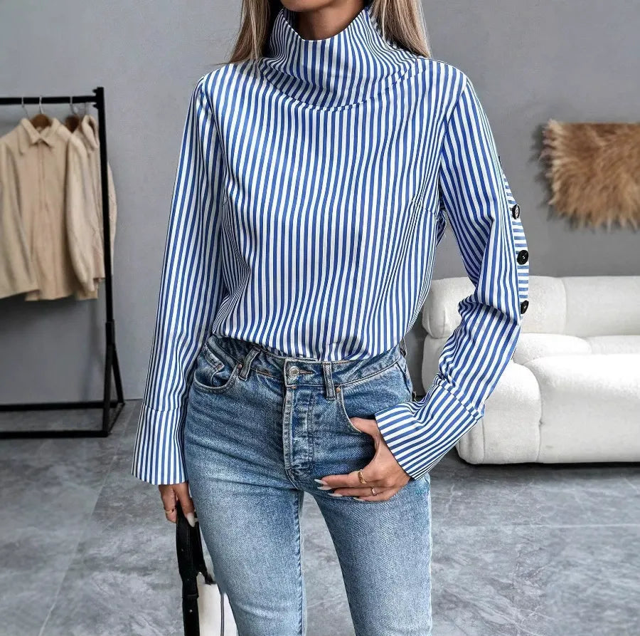 Women's Long-Sleeve Striped Button-Detail Shirt