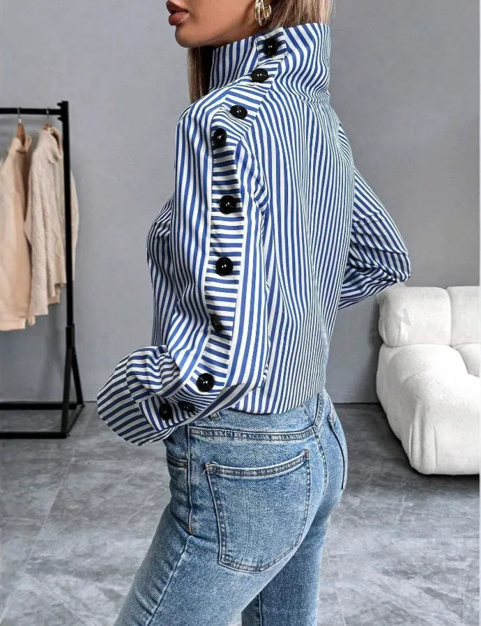 Women's Long-Sleeve Striped Button-Detail Shirt